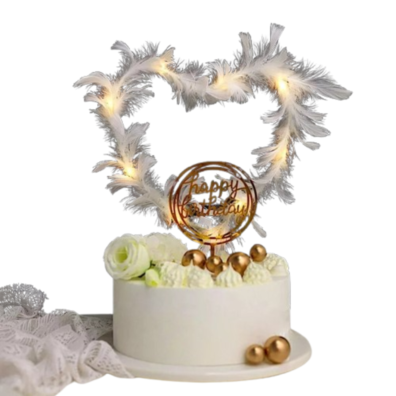 Warm White Real Feathers Adjustable CAKE TOPPER LED Lights Party Supplies